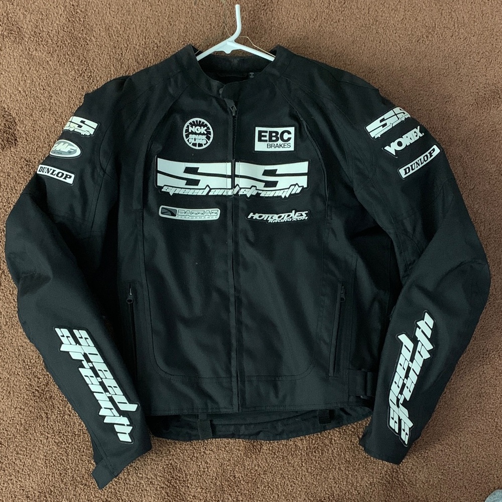 Speed and Strength Black Motorcycle Jacket with Logos. Padding. Heavy duty.